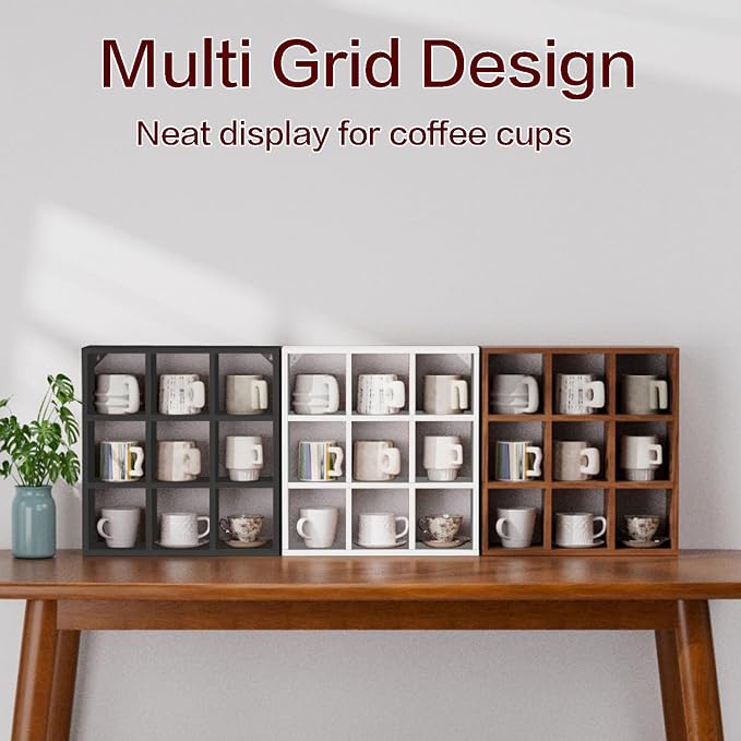 Helsin 9 Grid Vintage Coffee Mug Display Rack, 16inch Wall Mounted Wooden Curio - Image 6