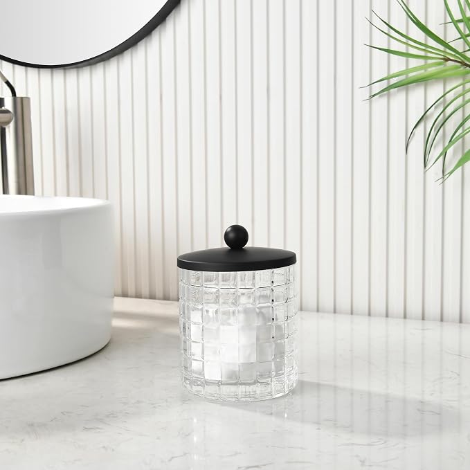 Glass Cotton Jar Holder Matte Black Lid, Elegant Bathroom Storage Canister - Image 4