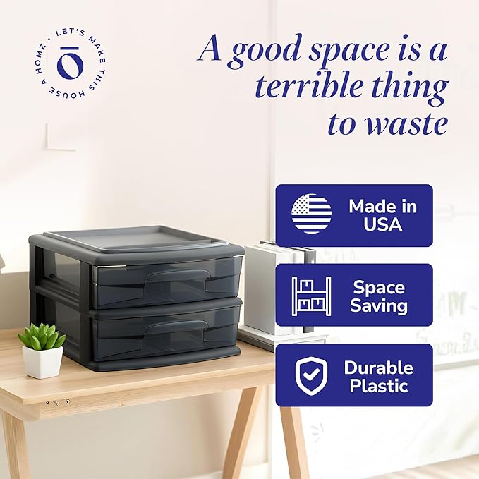 HOMZ 2-Pack 2-Drawer Storage Cart, Plastic Drawers w/Smoke Tint, 14.25" Wide - Image 6
