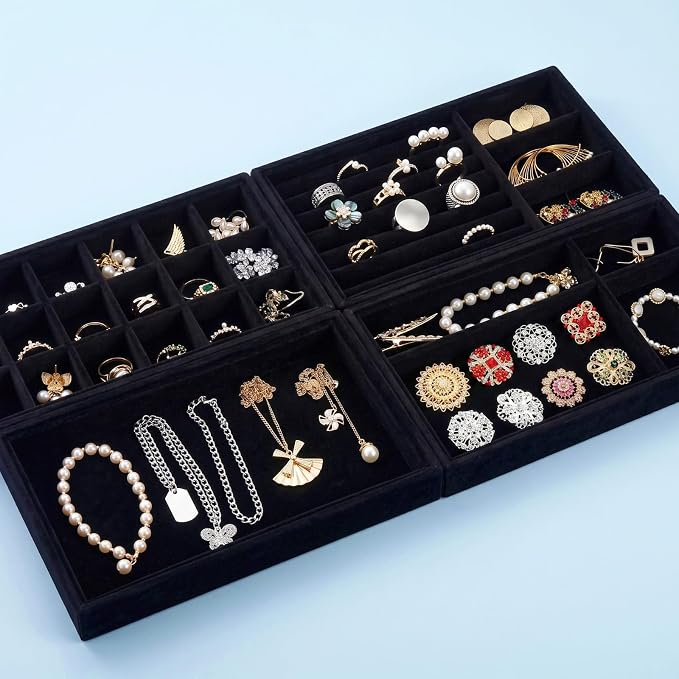 Elsjoy 8 Pack 4 Styles Black Velvet Jewelry Trays, Jewelry Organizer Tray - Image 4
