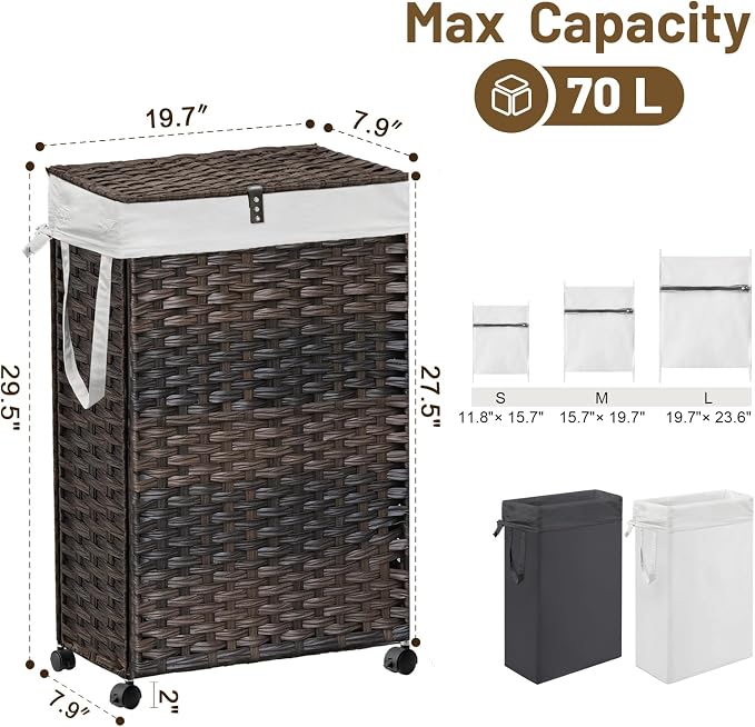 70L Slim Laundry Hamper with Lid & Wheels, Rolling Laundry Basket with 2 - Image 4