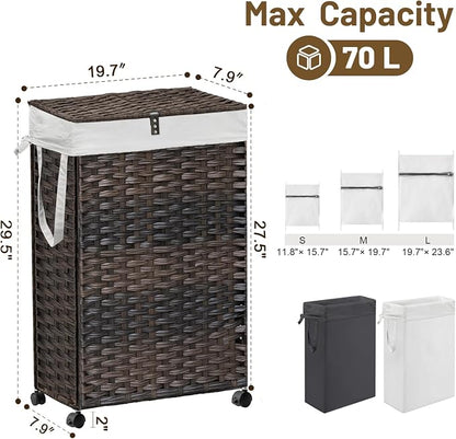 70L Slim Laundry Hamper with Lid & Wheels, Rolling Laundry Basket with 2 - Image 4