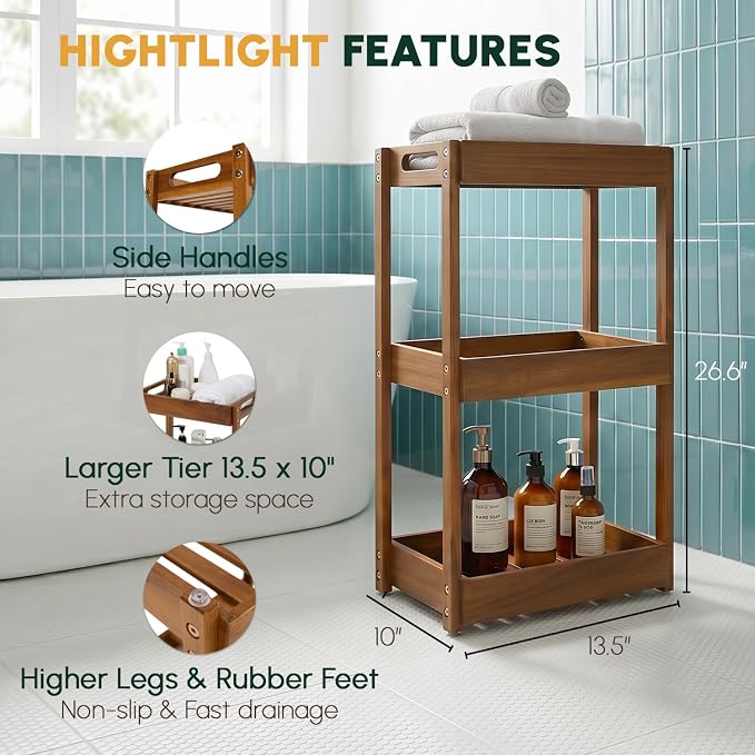 3-Tier Corner Standing Acacia Wood Shower Caddy Organizer | Freestanding corner - Image 3