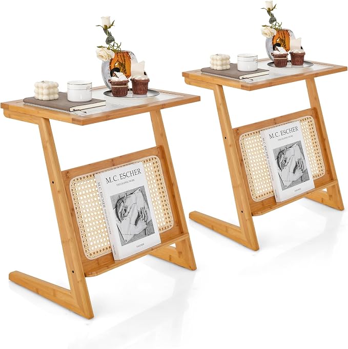 GOFLAME Rattan Side Table Set of 2, Z-Shaped End Table by GOFLAME