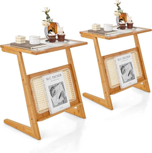 GOFLAME Rattan Side Table Set of 2, Z-Shaped End Table by GOFLAME