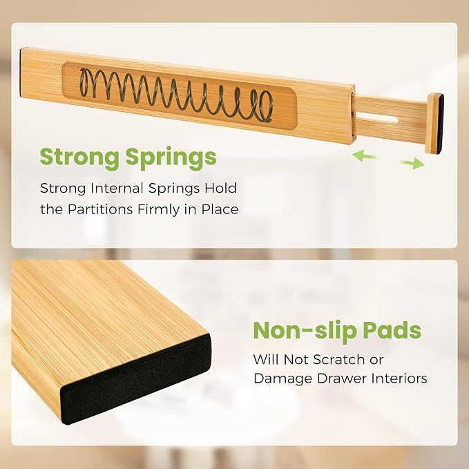 Fyvva Drawer Divider, Adjustable Bamboo Kitchen Drawer Organizer, Spring Loaded - Image 3