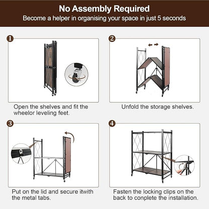 3 Tier Folding Shelf with Wheels, Wood and Metal Bookshelf | No Assembly - Image 8