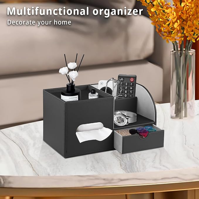 YAPISHI Tissue Box Cover with Storage Tray and Drawer, PU Leather Square Tissue - Image 2