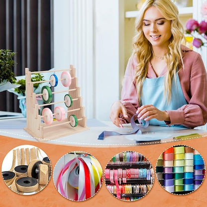 UNICRAFTALE 6-Tier Wooden Ribbons Organizer Rack Burlywood Ribbon Holder - Image 5