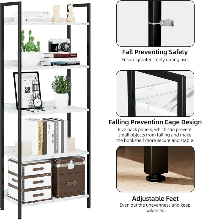 NUMENN Bookshelf, 5 Tier Freestanding Shelving Unit, Falling Prevention Baffle - Image 6