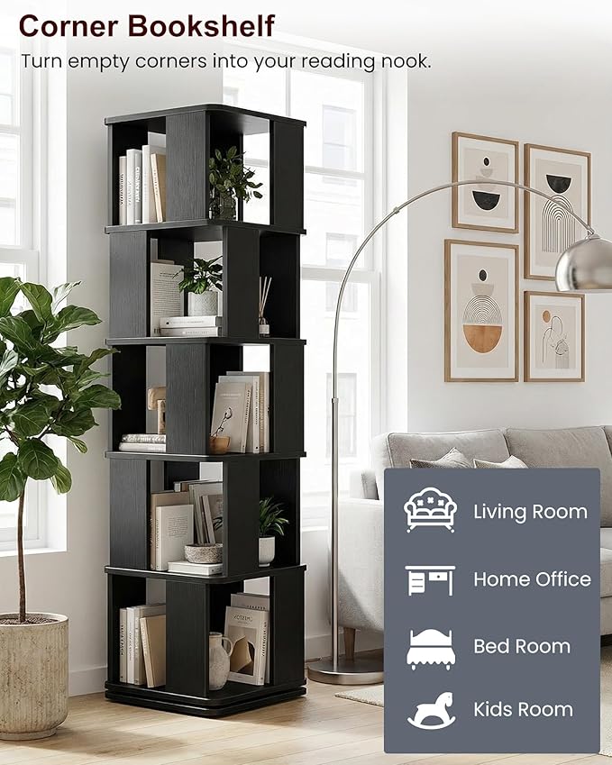 5-Tier Rotating Bookshelf Tower, 360° Square Spinning Book Shelf | Floor - Image 6