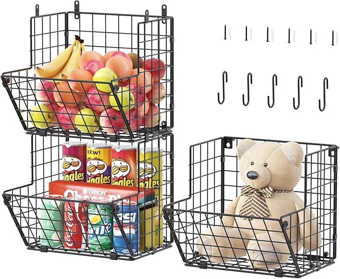X-cosrack Metal Wire Basket Wall Mount, 3 Tier Wall Storage Organizer by X-cosrack