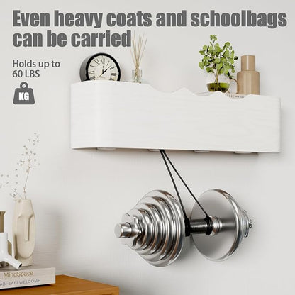 Coat Rack Wall Mount with Shelf 4 Hidden Hooks Modern Wooden Key Holder - Image 4