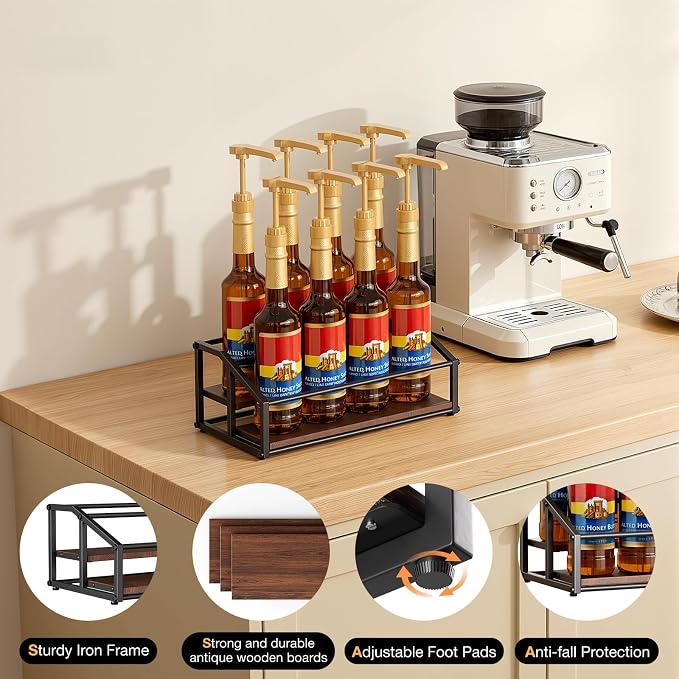 Coffee Syrup Organizer Rack, Liquor Bottle Display Shelf, 2 Tier 8 Syrup - Image 5