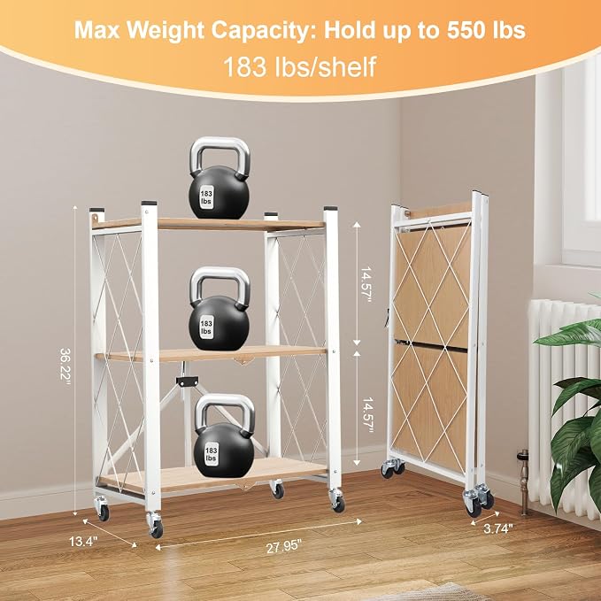 3 Tier Folding Shelf with Wheels, Metal Steel Collapsible Shelves, Folding - Image 3