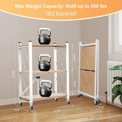3 Tier Folding Shelf with Wheels, Metal Steel Collapsible Shelves, Folding - Image 3
