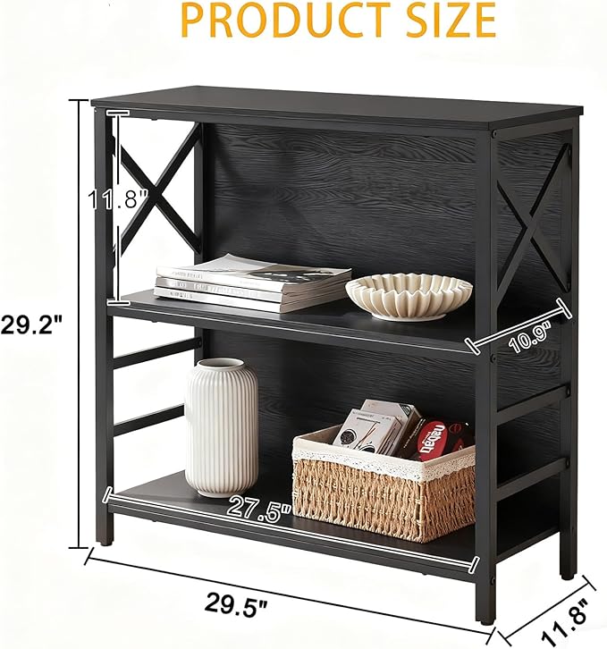 Small Bookshelf, 3 Tier Industrial Bookcase - Image 2