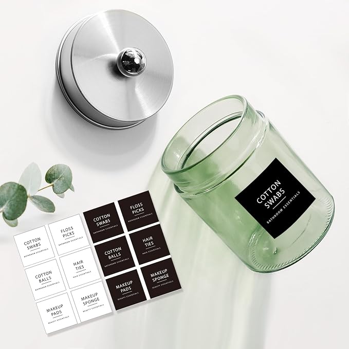 Amolliar Sage Green Qtip Holder, Glass Apothecary Jar Metal Lid & Sticker - Image 3