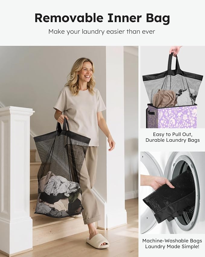 SOLEDI Laundry Hamper with Lid, 90L Tall & Large Floral Laundry Basket - Image 4