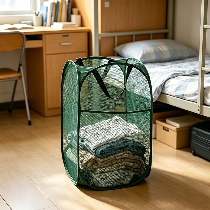 Larpur Pop Up Laundry Hamper Collapsible Mesh Clothes Basket, Dark Green | - Image 5