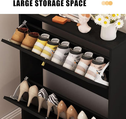 Rattan Shoe Cabinet with 2 Flip Drawers, Simple Setup Hidden Shoe Rack - Image 4