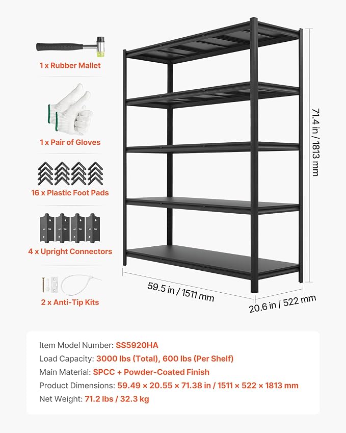 VEVOR Garage Shelving, 5-Tier Adjustable Storage Shelves, 3000 lbs Heavy Duty - Image 9