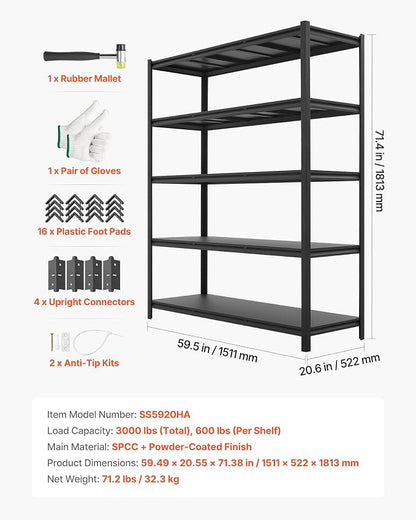 VEVOR Garage Shelving, 5-Tier Adjustable Storage Shelves, 3000 lbs Heavy Duty - Image 9