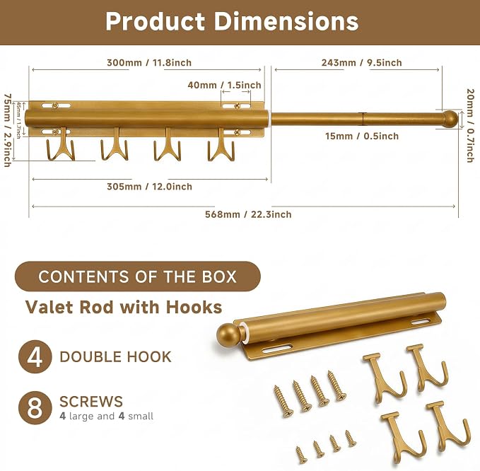 Valet Rod For Closet Pull Out, Adjustable Heavy Duty Carbon Steel 12" - Image 5