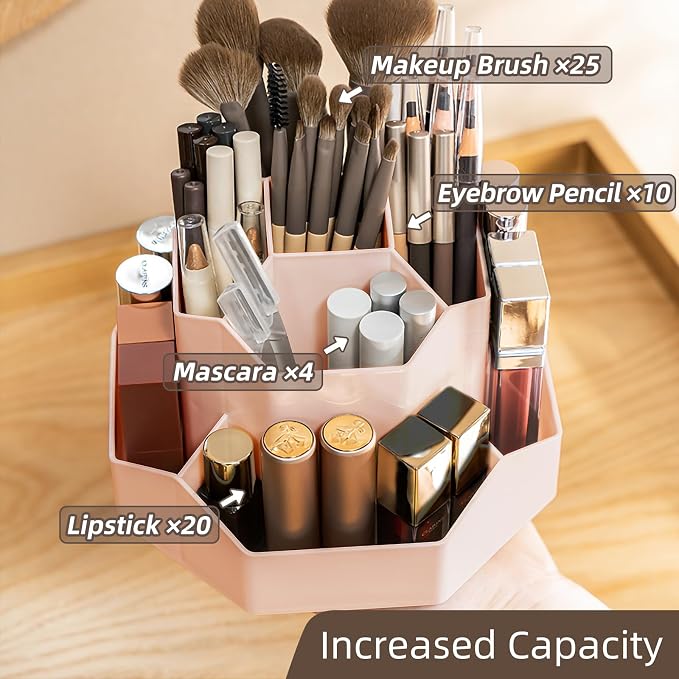 360° Rotating Pink Makeup Brush Holder Organizer - Image 3
