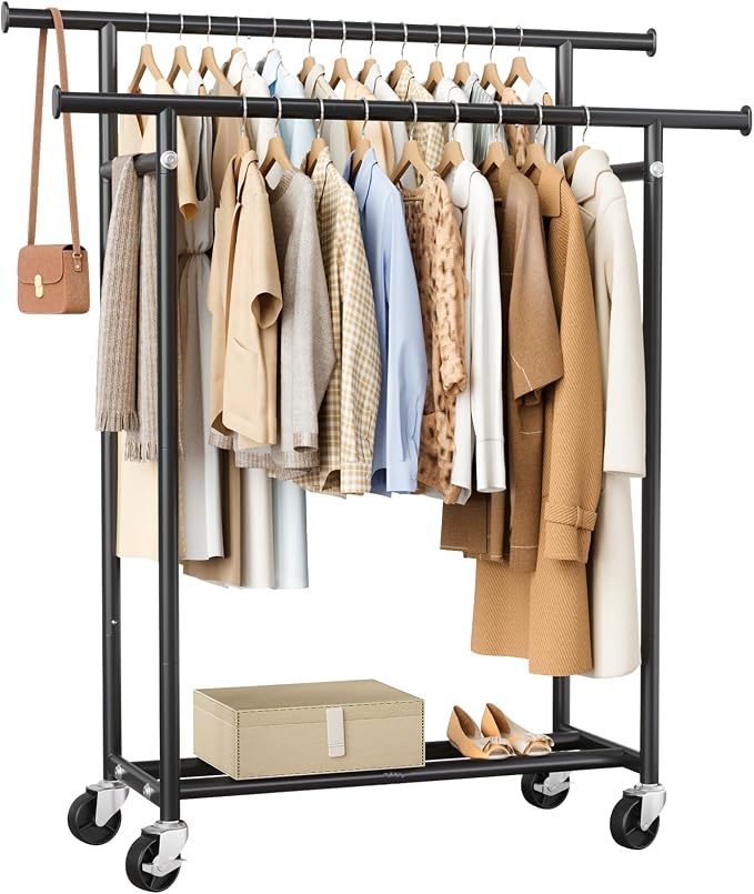 Clothes Rack, Double Rods Rolling Clothing Rack by HYSEYY