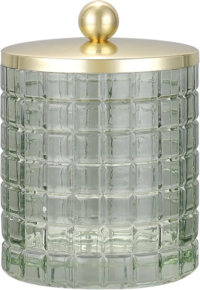 Sage Colored Tranlucent Apothecary Etched Geometric Grid Glass Jar W/Gold Metal by IndecorHome