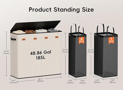 Laundry Hamper 4-Section with Lid, 185L Laundry Sorter with 4 Removable Bags + - Image 6