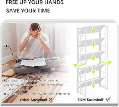 4NM No Assembly 5 Tiers Folding Bookshelf, 59.4" H Foldable Storage Shelves - Image 7