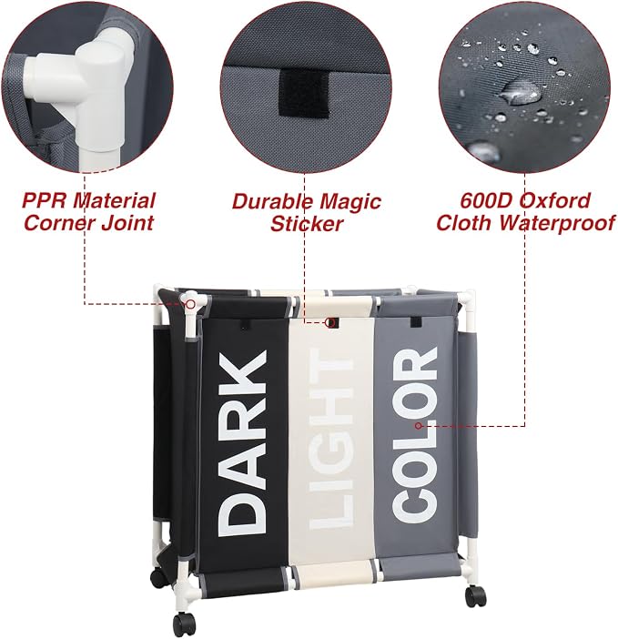 Laundry Basket 3 Section Freestanding Laundry Hamper Dirty Clothes Basket Sorter - Image 4
