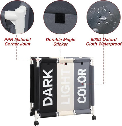 Laundry Basket 3 Section Freestanding Laundry Hamper Dirty Clothes Basket Sorter - Image 4
