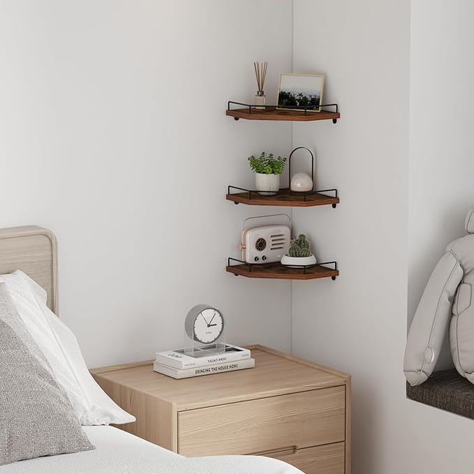 HORLIMER Floating Corner Shelf Wall Mount, 3 Pack Rustic Wood Corner Wall - Image 2
