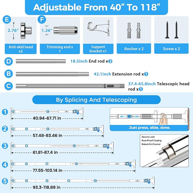 AIZESI 41-118 Inch Heavy Duty Silver Tension Curtain Rod - Image 2