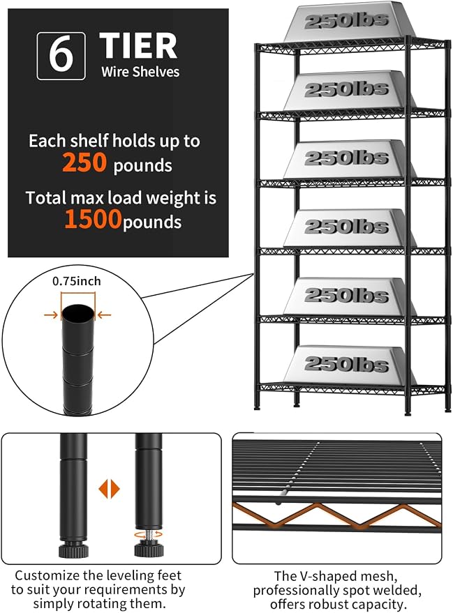 6 Tier Adjustable Storage Shelves, Heavy Duty Metal Utility Shelf 1500LBS - Image 5