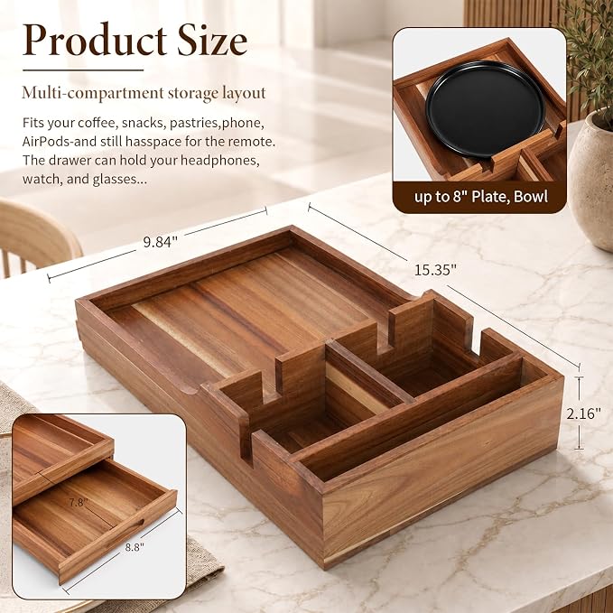 2-in-1 Couch Tray with Cup Holders, Sofa Arm Tray Table with Drawer Storage - Image 2