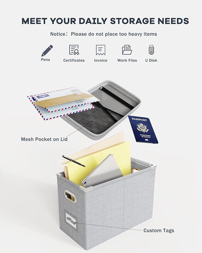 File Organizer Box with Lid, Hanging Filing File Box with Mesh Pocket, Document - Image 4