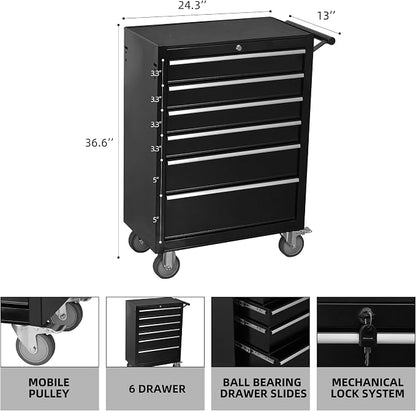6-Drawer Rolling Tool Chest Cabinet, Large Capacity Metal Tool Box - Image 3