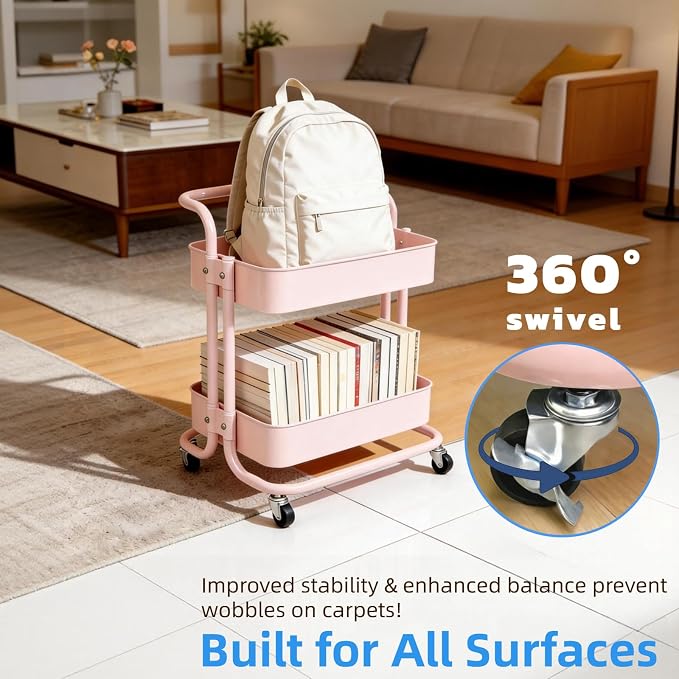 2 Tier Short Rolling Cart with Wheels All-Metal Pink Pantry Storage - Image 6