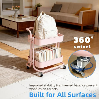 2 Tier Short Rolling Cart with Wheels All-Metal Pink Pantry Storage - Image 6