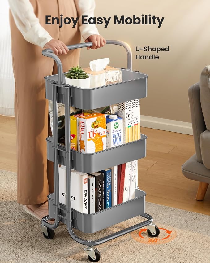 Pipishell 3 Tier Rolling Cart, Metal Utility Cart - Image 3