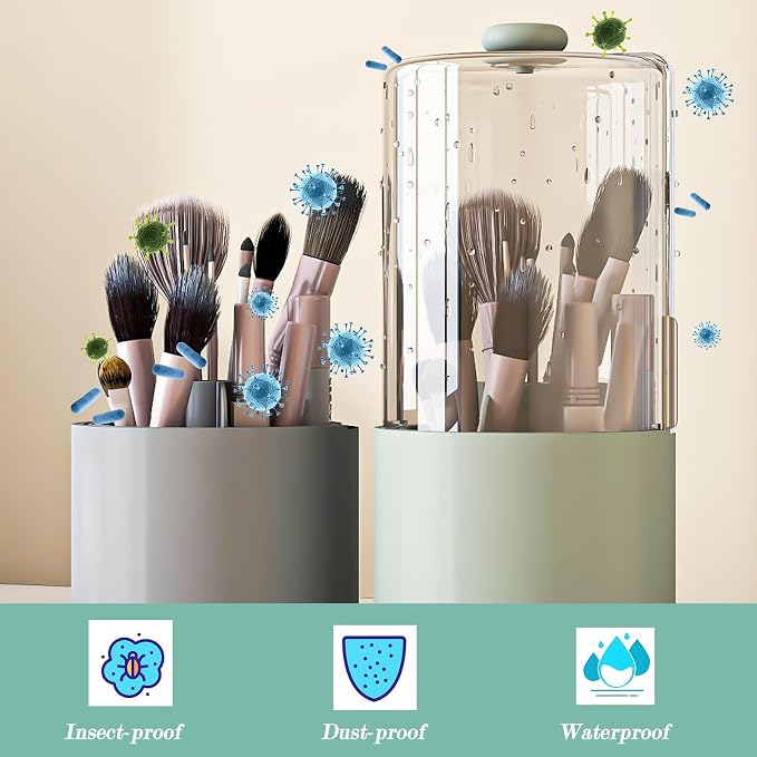 Makeup Brush Holder with Dustproof Cover, Sage Green - Image 5