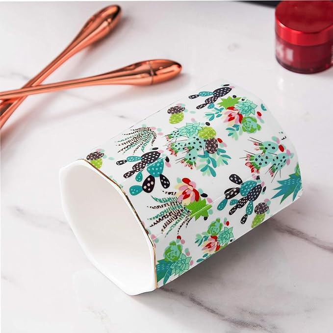 Pen Holder, Makeup Brush Holder Ceramic Shiny Gold Tropical Cactus Floral - Image 5