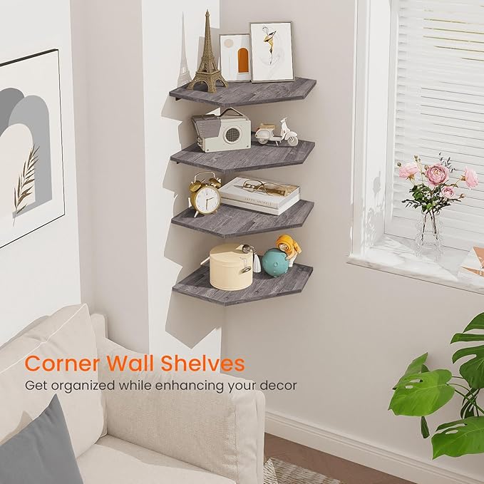 Corner Shelf Wall Mount, Wall Shelf Organizer, Wood Hanging Storage Shelving - Image 4