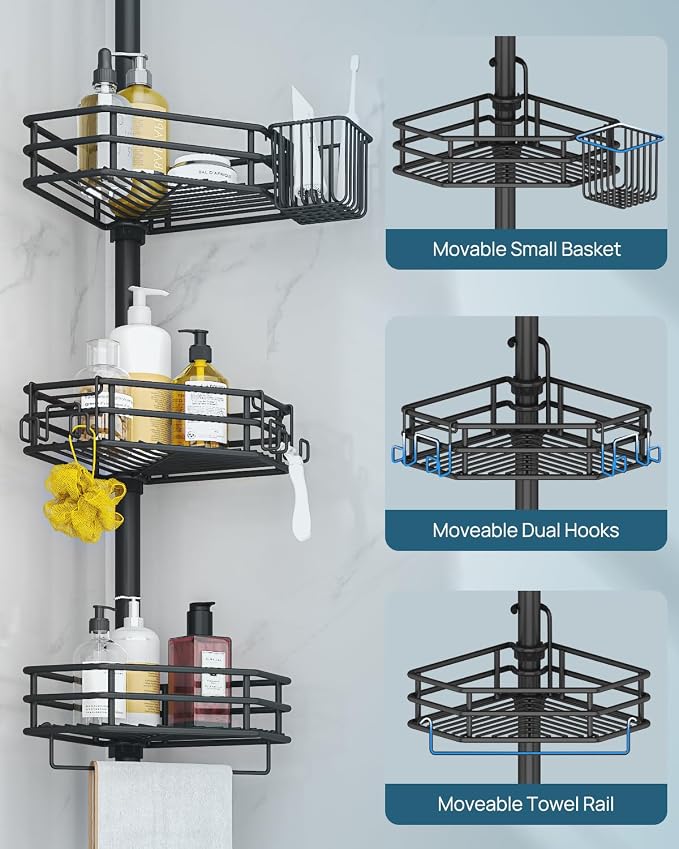 SEIRIONE Corner Shower Caddy Tension Pole, Quick Setup, Rust-Free Bathroom - Image 6