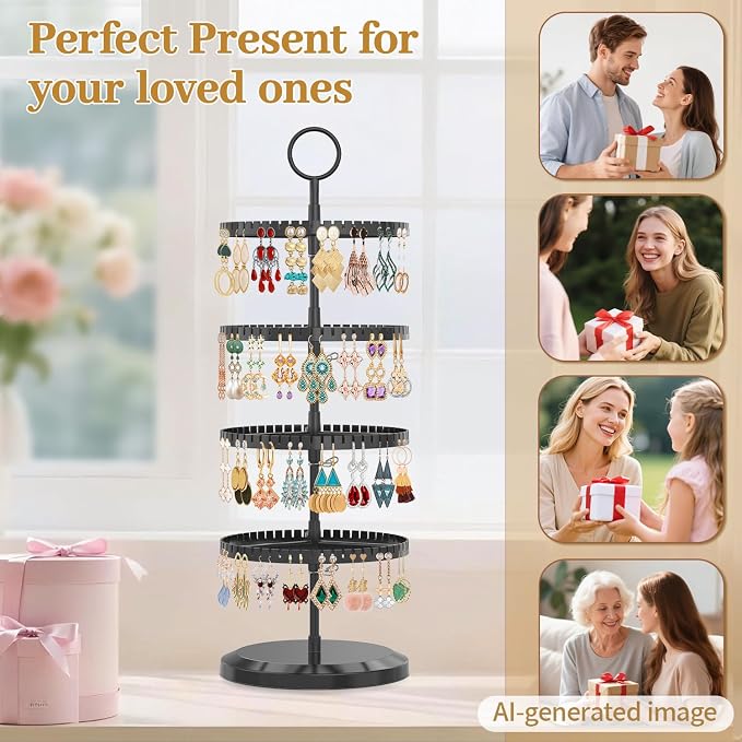 MODOWEY Rotating Earring Holder Organizer Adjustable Display, 4 Tiers Black | - Image 7