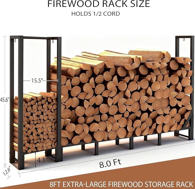 8ft Large Firewood Rack Outdoor, Heavy Duty Metal Wood Rack - Image 3